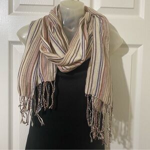 BEIGE STRIPED SCARF NECK HEAD WRAP HIJAB FRINGE 68x20 In RECTANGLE SHAWL NEUTRA